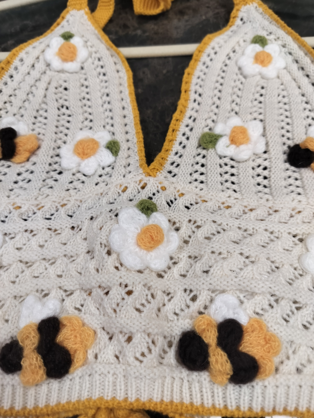 Handmade Crochet Halter Top with Bees & Flowers - Cream & Mustard - Picture 4 of 9